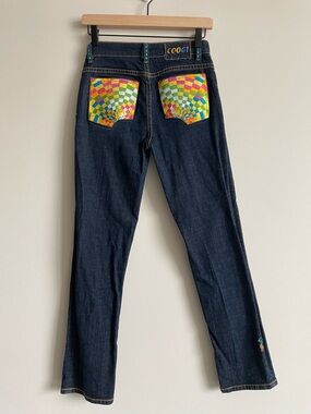 Coogi Y2K rainbow embroidered pocket jeans psychedelic swirl denim statement 16
